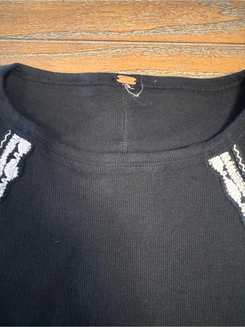 Free People Black Long Sleeve Top with White Embroidered Trim #19